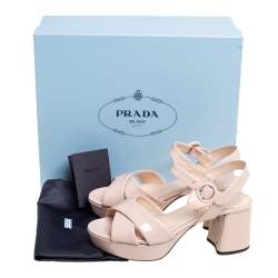 Pre Owned Prada Beige Patent Leather Criss Cross Platform Ankle Strap Sandals Size 35