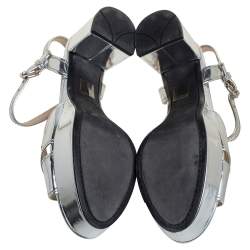 Pre Owned Prada Sport Silver Leather Platform Block Heel Ankle Strap Sandals Size 38