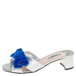 Pre Owned Prada Silver Leather And Blue Velvet Bow Slide Sandals Size 38.5