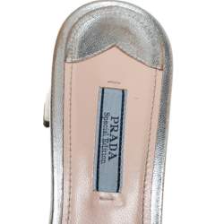 Pre Owned Prada Silver Leather And Blue Velvet Bow Slide Sandals Size 38.5