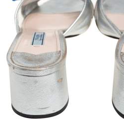 Pre Owned Prada Silver Leather And Blue Velvet Bow Slide Sandals Size 38.5
