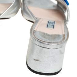 Pre Owned Prada Silver Leather And Blue Velvet Bow Slide Sandals Size 38.5