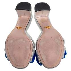 Pre Owned Prada Silver Leather And Blue Velvet Bow Slide Sandals Size 38.5
