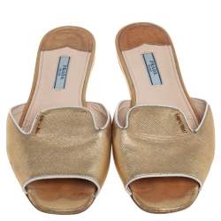 Pre Owned Prada Gold Saffiano Leather Flat Slides Size 38