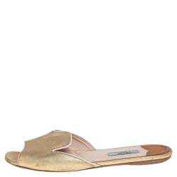 Pre Owned Prada Gold Saffiano Leather Flat Slides Size 38
