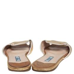 Pre Owned Prada Gold Saffiano Leather Flat Slides Size 38