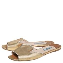 Pre Owned Prada Gold Saffiano Leather Flat Slides Size 38