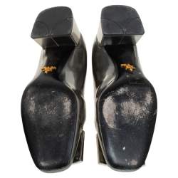 Pre Owned Prada Grey Leather Crystal Buckle Block Heel Pumps Size 36.5