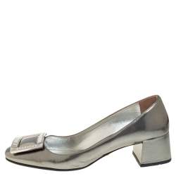 Pre Owned Prada Grey Leather Crystal Buckle Block Heel Pumps Size 36.5