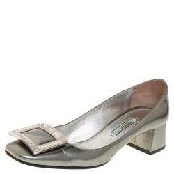 Pre Owned Prada Grey Leather Crystal Buckle Block Heel Pumps Size 36.5