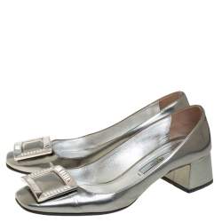 Pre Owned Prada Grey Leather Crystal Buckle Block Heel Pumps Size 36.5