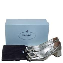 Pre Owned Prada Grey Leather Crystal Buckle Block Heel Pumps Size 36.5