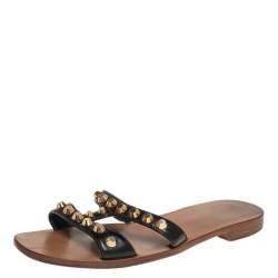 Pre Owned Prada Black Patent Leather Studded Flat Slides Size 38