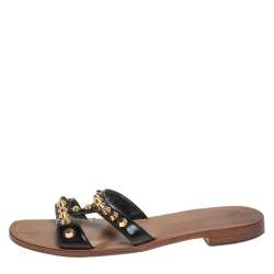 Pre Owned Prada Black Patent Leather Studded Flat Slides Size 38