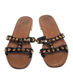 Pre Owned Prada Black Patent Leather Studded Flat Slides Size 38