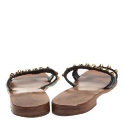 Pre Owned Prada Black Patent Leather Studded Flat Slides Size 38