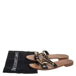 Pre Owned Prada Black Patent Leather Studded Flat Slides Size 38