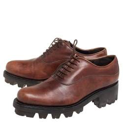 Pre Owned Prada Brown Leather Lug Sole Lace Up Oxford Size 38.5