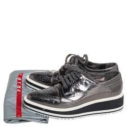 Prada Metallic Grey Brogue Leather Platform Lace Up Derby Size 36