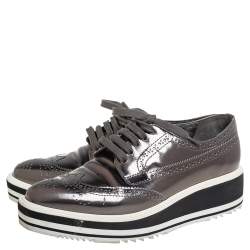 Prada Metallic Grey Brogue Leather Platform Lace Up Derby Size 36