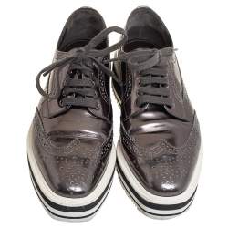 Prada Metallic Grey Brogue Leather Platform Lace Up Derby Size 36