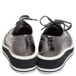 Prada Metallic Grey Brogue Leather Platform Lace Up Derby Size 36