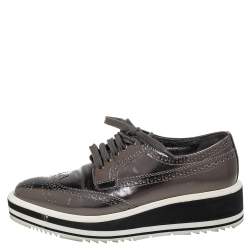 Prada Metallic Grey Brogue Leather Platform Lace Up Derby Size 36