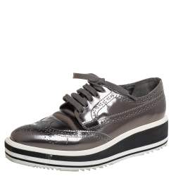 Prada Metallic Grey Brogue Leather Platform Lace Up Derby Size 36