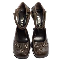 Pre Owned Prada Green Leather Embellished Ankle Strap Sandals Size 37