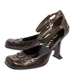 Pre Owned Prada Green Leather Embellished Ankle Strap Sandals Size 37