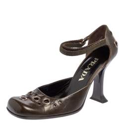 Pre Owned Prada Green Leather Embellished Ankle Strap Sandals Size 37