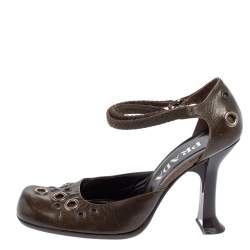 Pre Owned Prada Green Leather Embellished Ankle Strap Sandals Size 37
