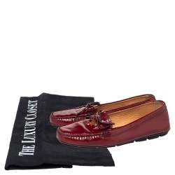 Pre Owned Prada Red Leather Bow Logo Embellished Slip On Loafers Size 39.5