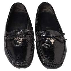 Pre Owned Prada Black Patent Leather Bow Slip On Loafers Size 37.5