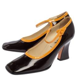 Pre Owned Prada Brown Patent Leather Mary Jane Block Heel Pumps Size 38.5