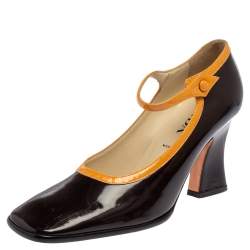 Pre Owned Prada Brown Patent Leather Mary Jane Block Heel Pumps Size 38.5