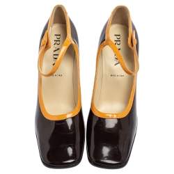 Pre Owned Prada Brown Patent Leather Mary Jane Block Heel Pumps Size 38.5