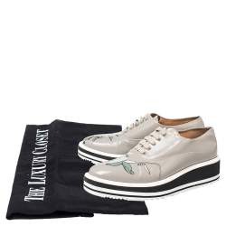 Prada Grey Leather Flower Print Platform Lace Up Oxford Size 38