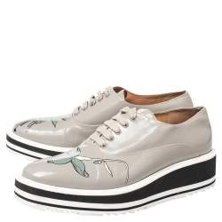 Prada Grey Leather Flower Print Platform Lace Up Oxford Size 38