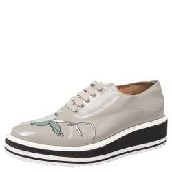 Prada Grey Leather Flower Print Platform Lace Up Oxford Size 38