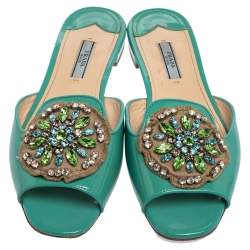 Pre Owned Prada Turquoise Blue Patent Leather Crystal Embellished Flats Size 39.5
