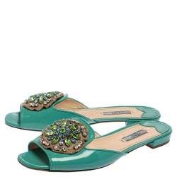 Pre Owned Prada Turquoise Blue Patent Leather Crystal Embellished Flats Size 39.5