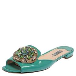 Pre Owned Prada Turquoise Blue Patent Leather Crystal Embellished Flats Size 39.5