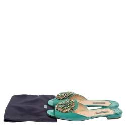 Pre Owned Prada Turquoise Blue Patent Leather Crystal Embellished Flats Size 39.5