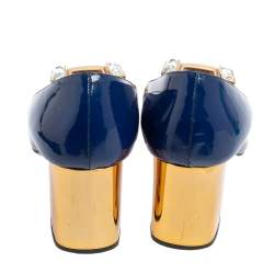 Pre Owned Prada Blue Patent Leather Crystal Buckle Block Heel Pumps Size 36