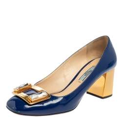 Pre Owned Prada Blue Patent Leather Crystal Buckle Block Heel Pumps Size 36