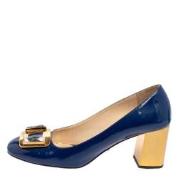 Pre Owned Prada Blue Patent Leather Crystal Buckle Block Heel Pumps Size 36