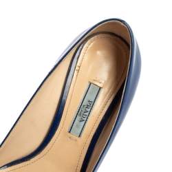 Pre Owned Prada Blue Patent Leather Crystal Buckle Block Heel Pumps Size 36