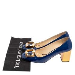 Pre Owned Prada Blue Patent Leather Crystal Buckle Block Heel Pumps Size 36