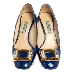 Pre Owned Prada Blue Patent Leather Crystal Buckle Block Heel Pumps Size 36